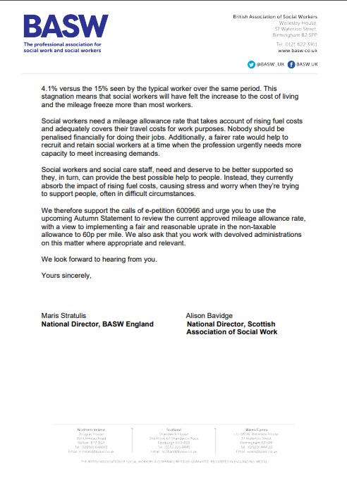BASW_UK's tweet photo. ❎ Nobody should be penalised financially for doing their job.

✍️ That’s why BASW England &amp; @ScotsSW have written to @Jeremy_Hunt calling for the non-taxable mileage allowance rate to be increased.

Social workers &amp; social care staff need, &amp; deserve, to be better supported. ⬇️ https://t.co/KzlaIVKEDr