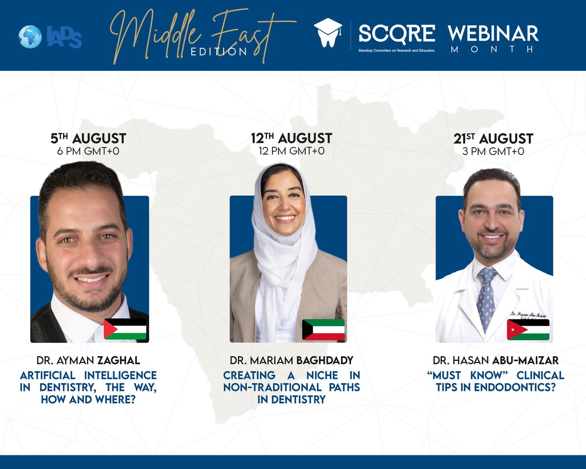 We are announcing the Middle East edition of the SCORE Webinar Month! Join and learn about exciting topics from the recognized professionals! Register: docs.google.com/forms/d/e/1FAI… #iads #iadsscore #scorewebinarmonth #middleeast #webinars #dentalwebinar #dentalstudents