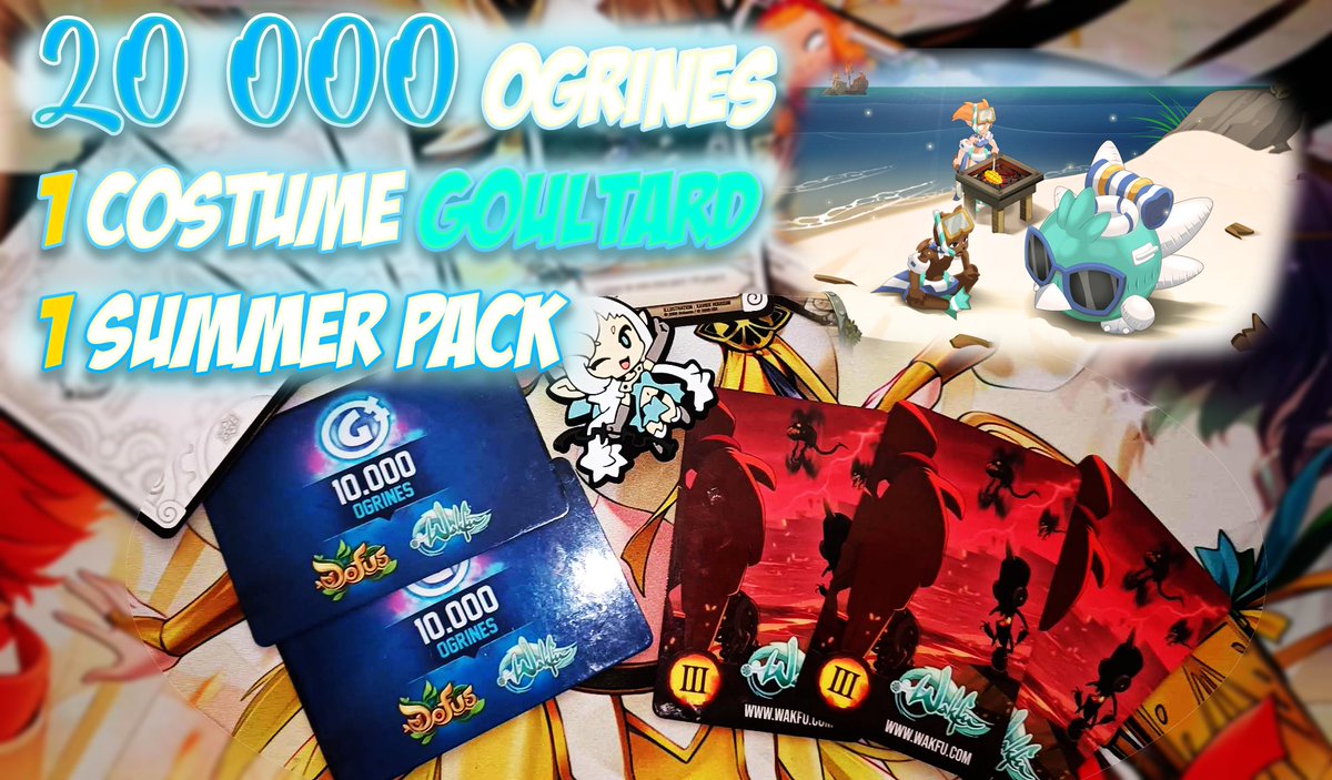 🎁BIG GIVEAWAY : 
➡️ RT + Follow <a href="/w_kaido/">Kaïdo</a> 
1 Costume Goultard à récup IG
20 000 Ogrines ( 2 winner )
1 Summer Pack 
Le plus grand des merci à @Wakfu_FR qui vous régale par ce giveaway 🥰
TAS : 31 Juillet 2023 !