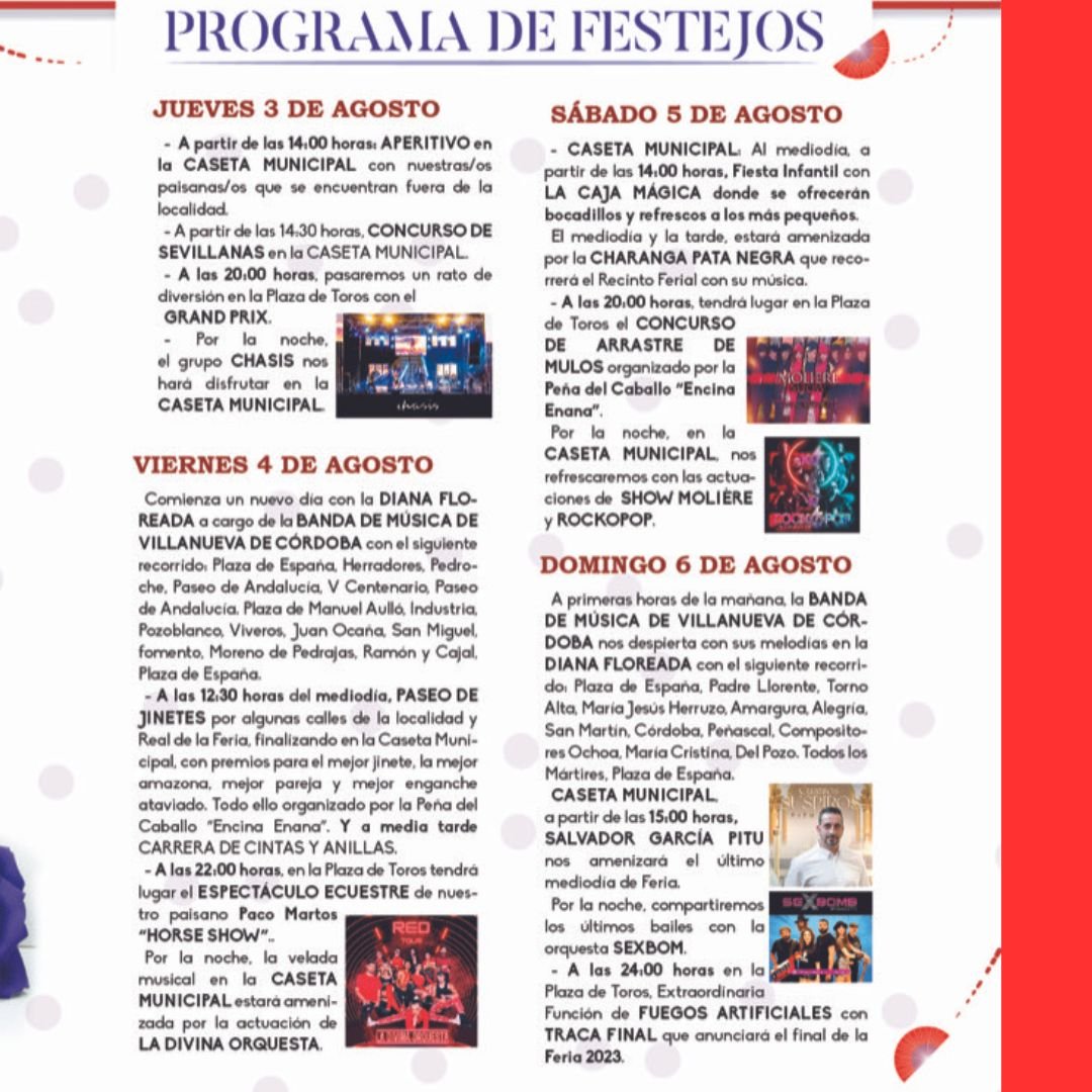 El 𝐏𝐫𝐨𝐠𝐫𝐚𝐦𝐚 𝐅𝐞𝐫𝐢𝐚 𝐲 𝐅𝐢𝐞𝐬𝐭𝐚𝐬 2️⃣0️⃣2️⃣3️⃣ de Villanueva de Córdoba 🎉
Llegan los días más esperados y queremos disfrutarlos con todos vosotros
📅 Del 1 al 6 de agosto no os podéis perder nada de nada 😅
¡𝐕𝐢𝐯𝐚 nuestra feria!