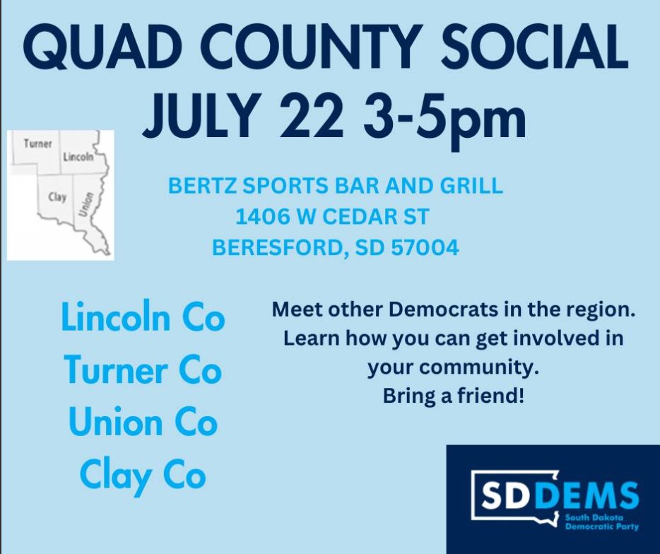 Don't miss it! Join us this Saturday for a quad county social in Beresford. 3-5pm at Bertz.