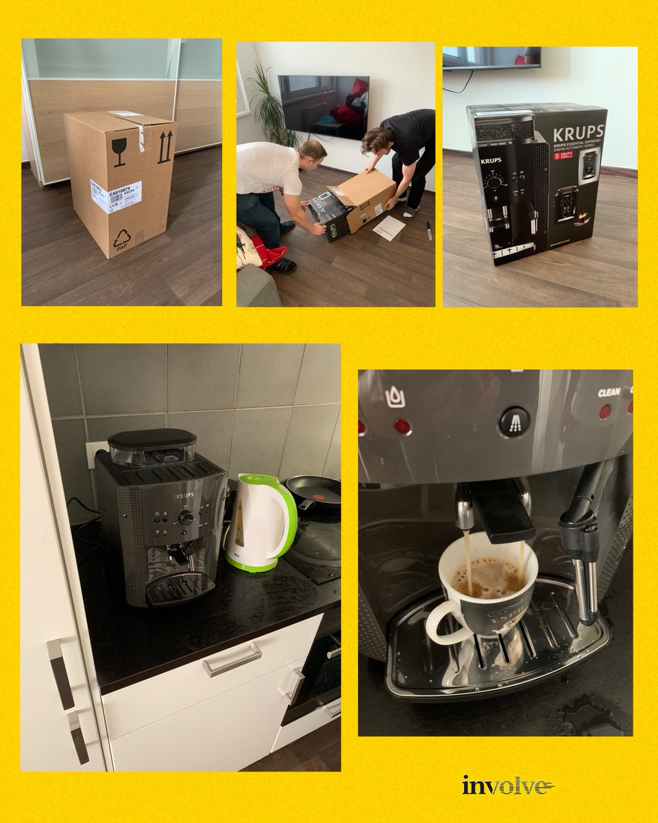 InvolveCz's tweet image. Bylo nebylo, takhle jsme si jednou objednali kávovar do pražského kanclu. A takhle vypadalo rozbalování a umisťování na jeho čestné místo. Je to tedy už cca rok zpátky, ale už dlouho se chceme pochlubit, protože nám opakovaně zachraňuje život a taky naše projekty. Takže díky!😍☕
