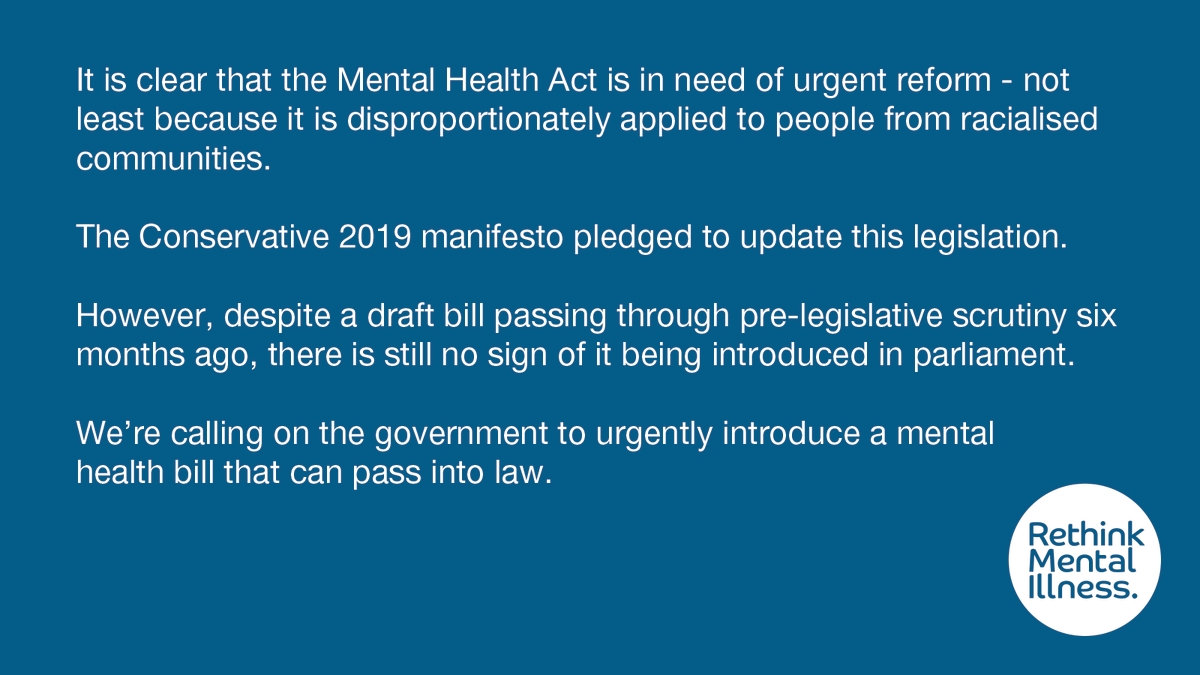 Rethink_'s tweet photo. 🚨 Reforming the Mental Health Act was a 2019 Conservative manifesto pledge. Four years on, we're still waiting.

It’s unthinkable that a reform which has achieved wide consensus and would help so many people, could be dropped.

This can't happen on your watch @rishisunak. https://t.co/4h8lu5lAaR