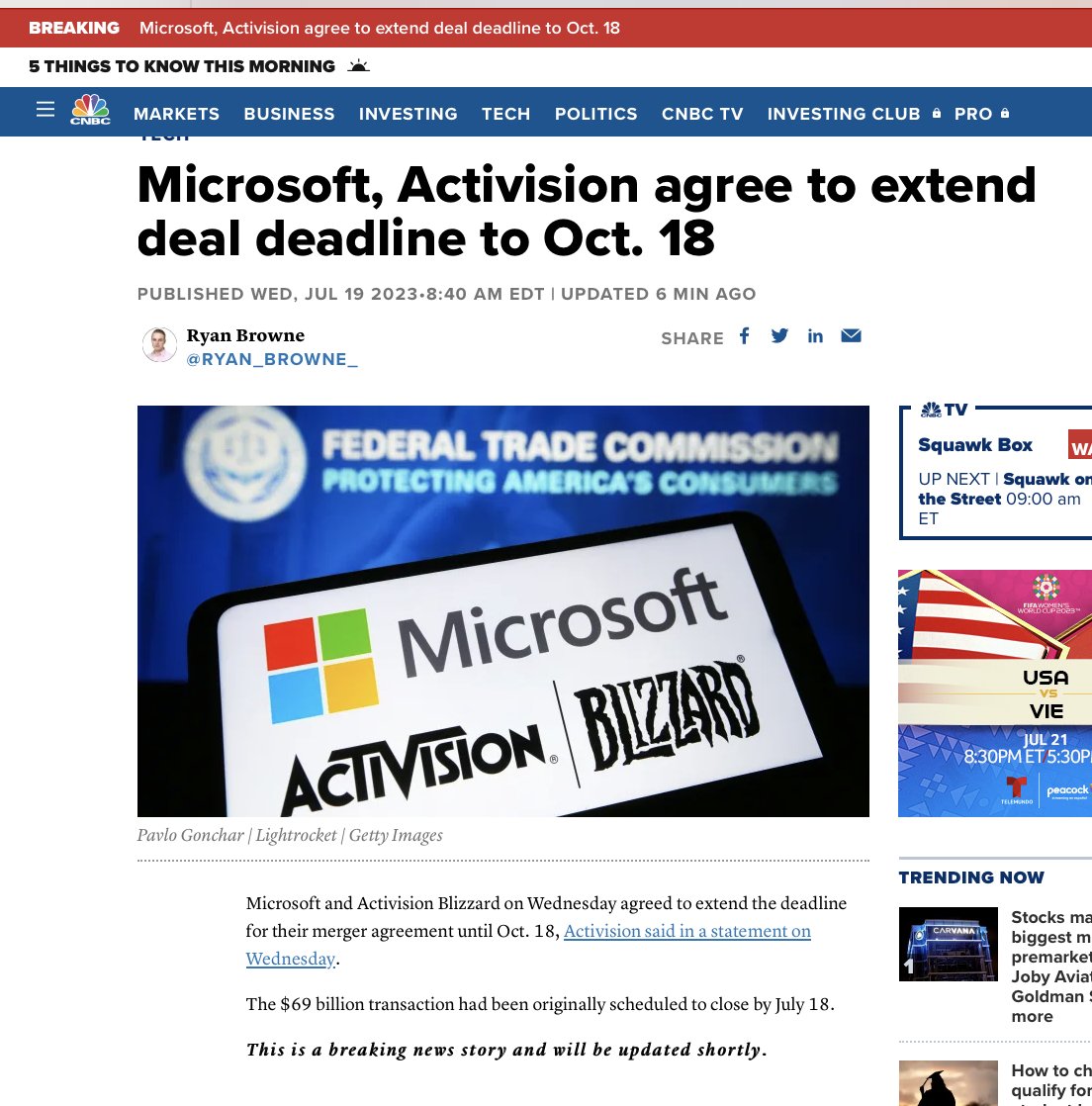 $MSFT and $ATVI extend the deadline for their merger from July 18 to Oct 18. ...but no additional cash to Activision? David Faber alluded that in a scenario where they extend the deadline Microsoft would have to pay a bit more n'est pas? Hopefully @davidfaber discusses it at 9:00 https://t.co/rlqHRbu1PV