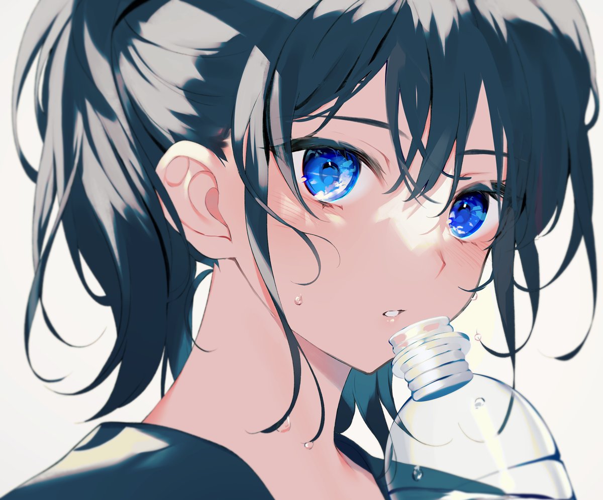 1girl solo blue eyes bottle ponytail water bottle parted lips  illustration images
