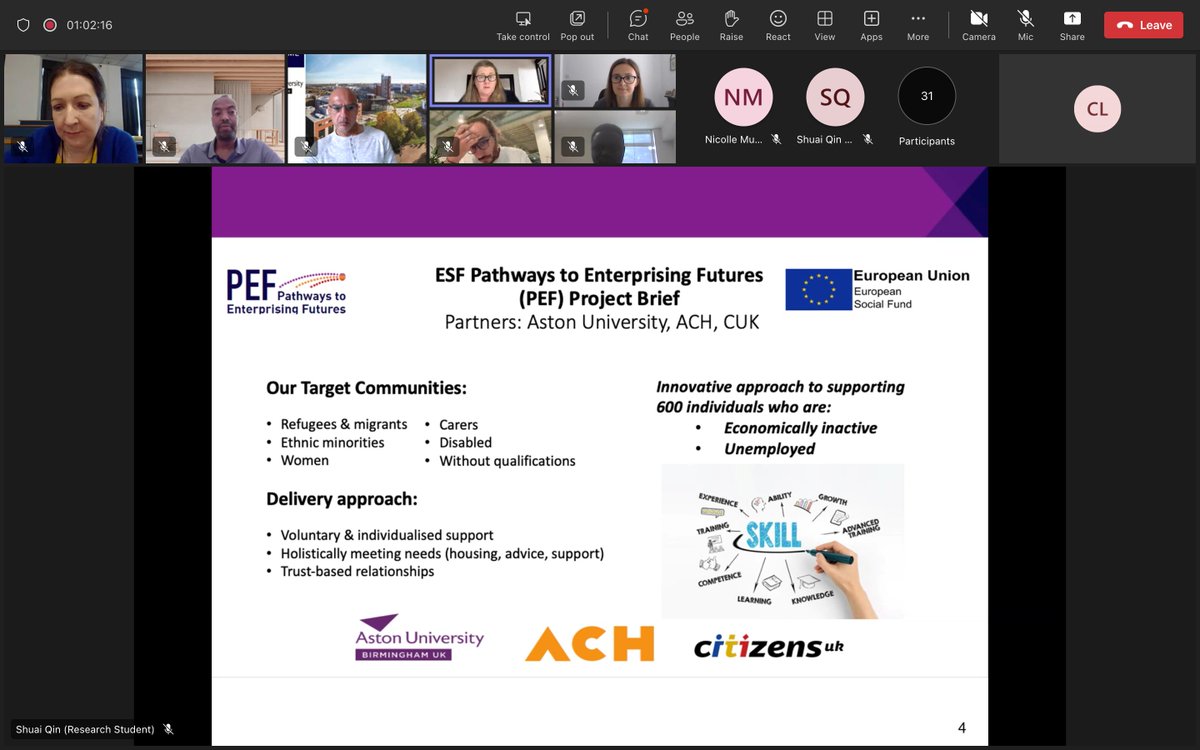 <a href="/ShuaiQin_96/">Shuai Qin</a> <a href="/ACHintegrates/">ACH 🧡</a> We’re now hearing from Susan Lanz, Action Research Fellow all about the <a href="/PEFproject/">Pathways to Enterprising Futures</a> 's:

🔹Target communities
🔹The innovative approaches PEF take to support 6⃣0⃣0⃣ individuals who are economically inactive and unemployed.
🔹PEF’s Key Achievements and Challenges