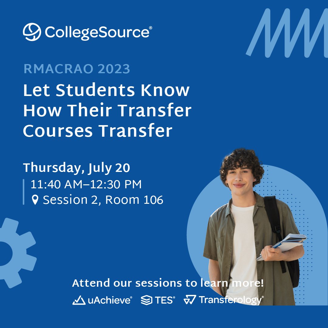 CollegeSource's tweet photo. Are you attending #RMACRAO 2023? Visit our session to learn how @transferology’s staff-facing tools can help make transferring courses easier for you and your students, as well as boost your workflow. See what Transferology can do for you! #studenttransfer #transfercredit https://t.co/qxeLsbRmwq