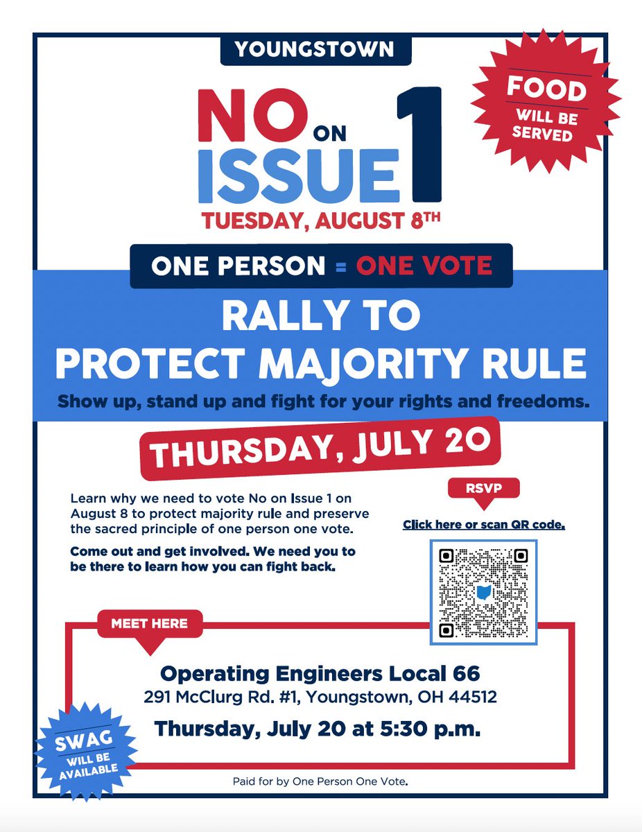 Honesty4OhioEd's tweet photo. 📢 Youngstown — let's make some noise!
✊Join us at 5:30pm on Thursday July 20 at Operating Engineers Local 66 for a Rally to Protect Majority Rule! Come get food, swag, and yard signs!!!
👉RSVP: https://t.co/PbiZF837DC https://t.co/wngSzN85e0
