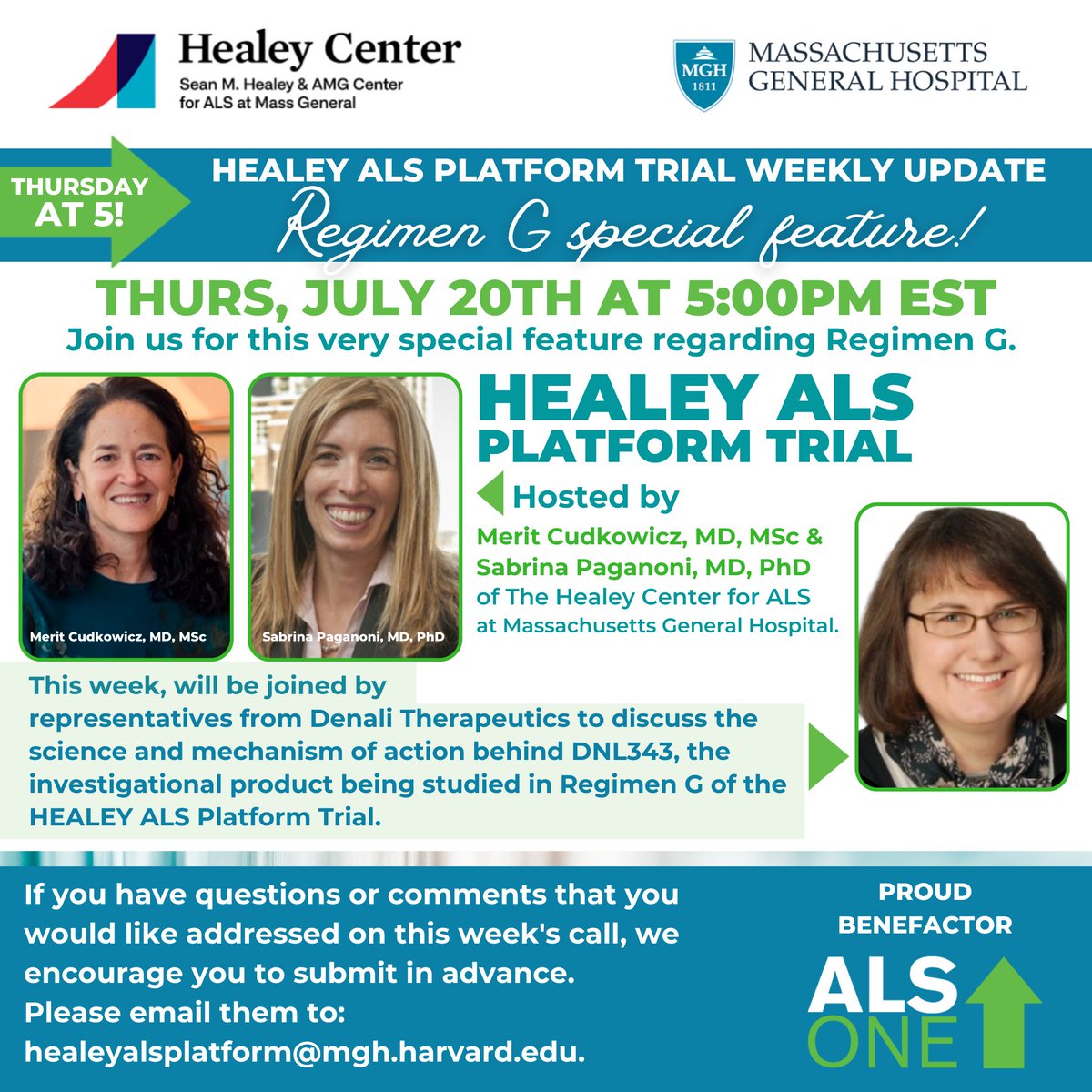 This Thurs, 7/20: An ALS #PlatformTrial special Feature!  @MeritCudkowicz and @PaganoniMDPhD will be joined by rep's from @Denalitx  to discuss the science & mechanism of action behind #DNL343, the investigational product studied in Regimen G. Reg @ https://t.co/zrvnPQISWc https://t.co/E4jyLyHwa2