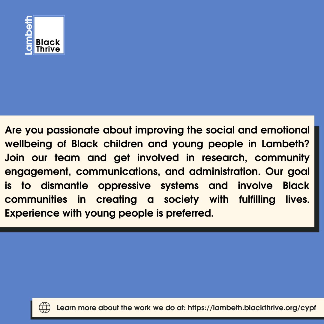 🌟 Join us in creating meaningful change for Black children &amp; young people in Lambeth! As a project officer, you'll support our mission to improve social and emotional wellbeing for young people. 

Apply 👉🏾 bit.ly/44M4ZsX
Deadline: Sun 13th Aug
#TogetherWeThrive ✊🏾