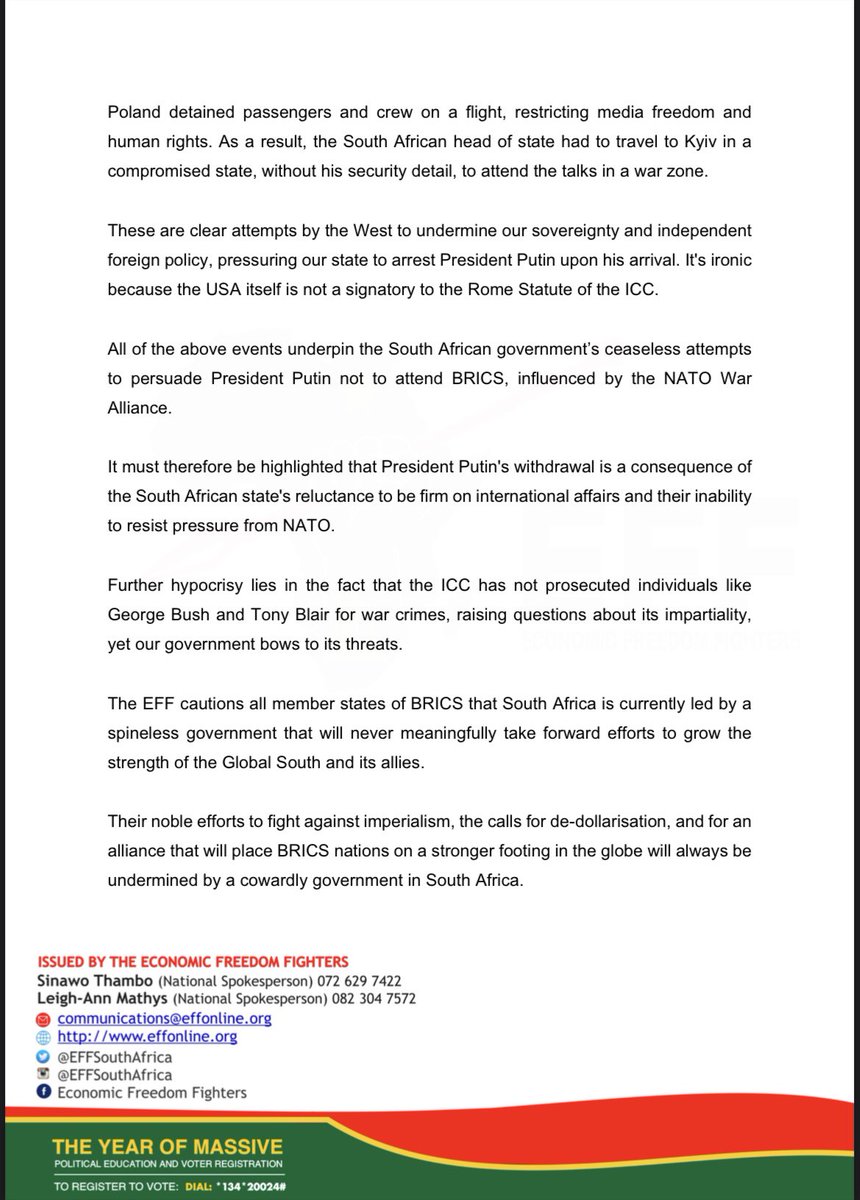 The EFF’s Statement on Russian President Vladimir Putin Declaring He Will Not Be Coming to South Africa for BRICS Summit

- This outcome is not unexpected considering the lack of security guarantees by the ANC government to the Russian Federation, which failed to protect not only