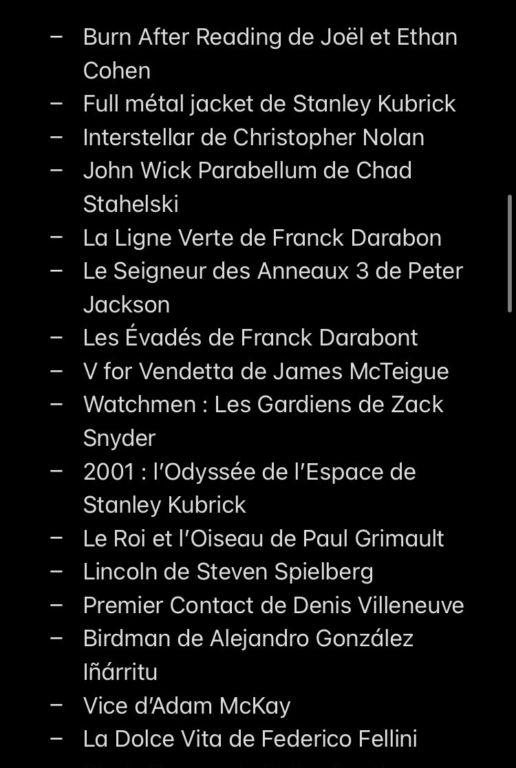 @MadroxSupreme Je te donne ma liste de films favoris 
+ Blade Runner, saga Alien (1,2,3,Resurection rien d’autres), le cinquième élément, Léon, La Mule et Gran Torino