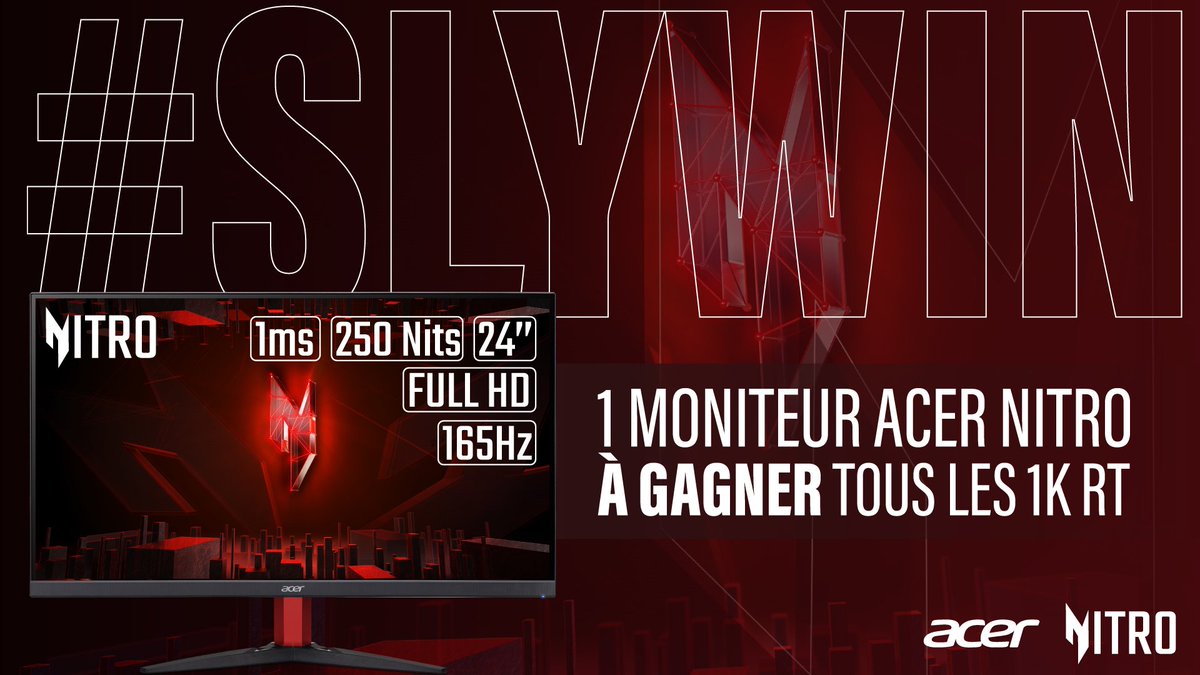 🚨 COOKING IN PROGRESS 🚨
Tous les 1000 RT sur ce post, on vous offrira 1 moniteur Nitro, parfait pour jouer à LoL ou mater la LFL et surtout les perfs de Solary 😎
Allez go RT en masse + #SLYWIN en com pour aller tout casser !!! 🫡

#SLYWIN #SLYWIN #SLYWIN