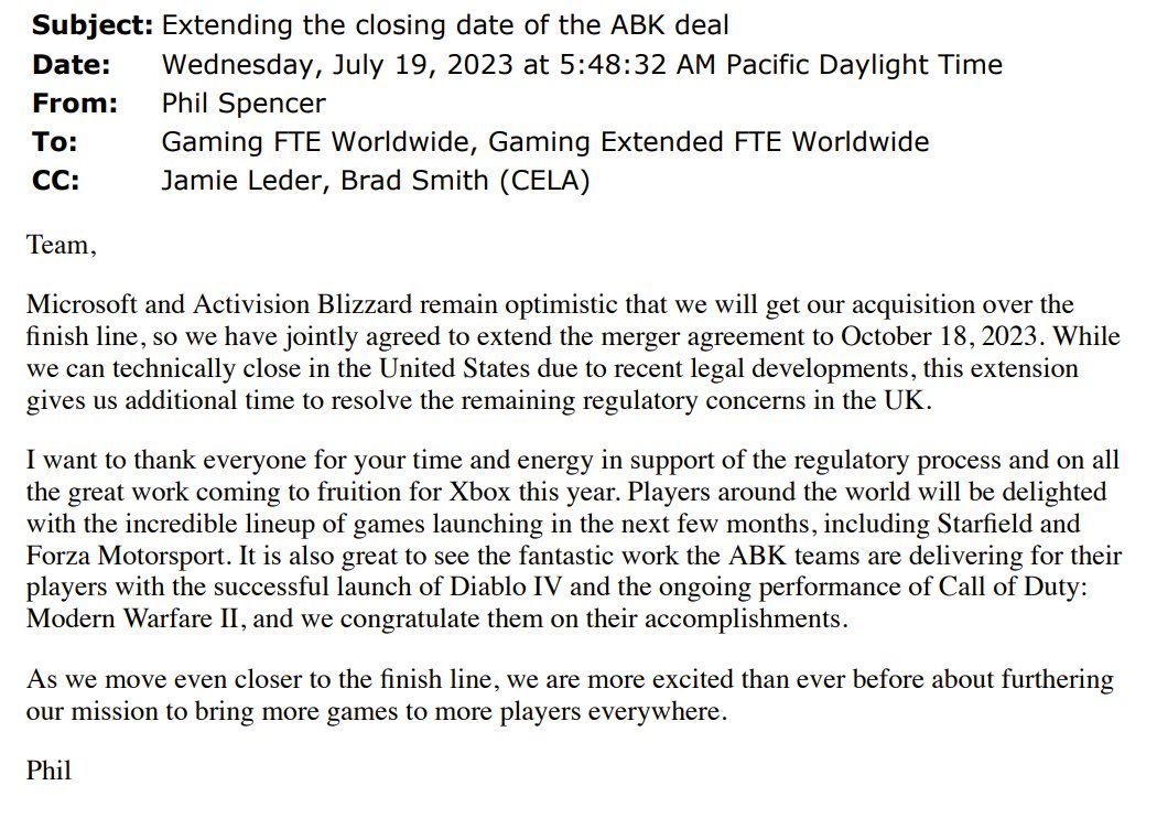 Microsoft and Activision-Blizzard Jointly Agree to Extend Merger Deadline  to October 18, 2023