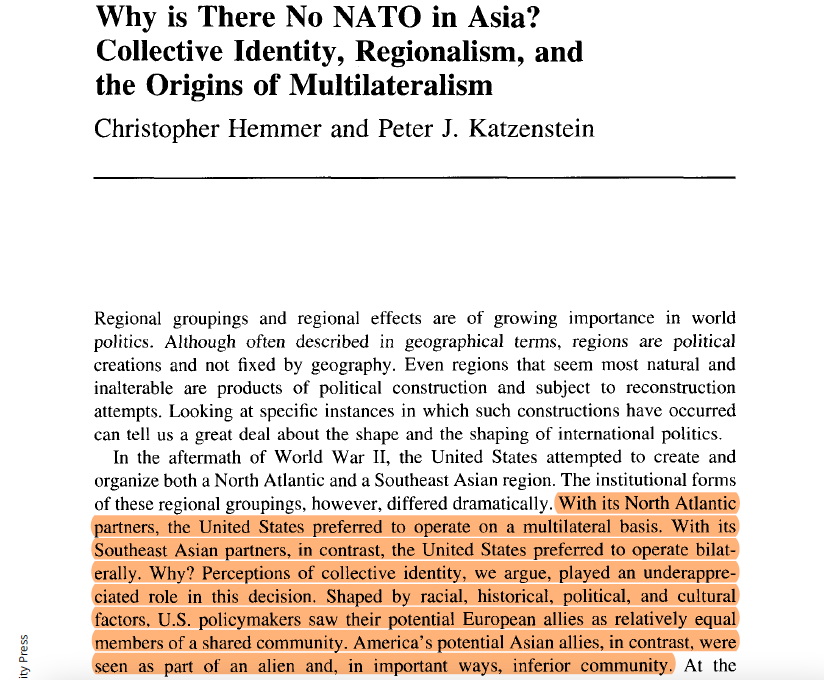 "Why is There No NATO in Asia? Collective Identity, Regionalism, and the Origins of Multilateralism"
 
(Christopher Hemmer and Peter J. Katzenstein)