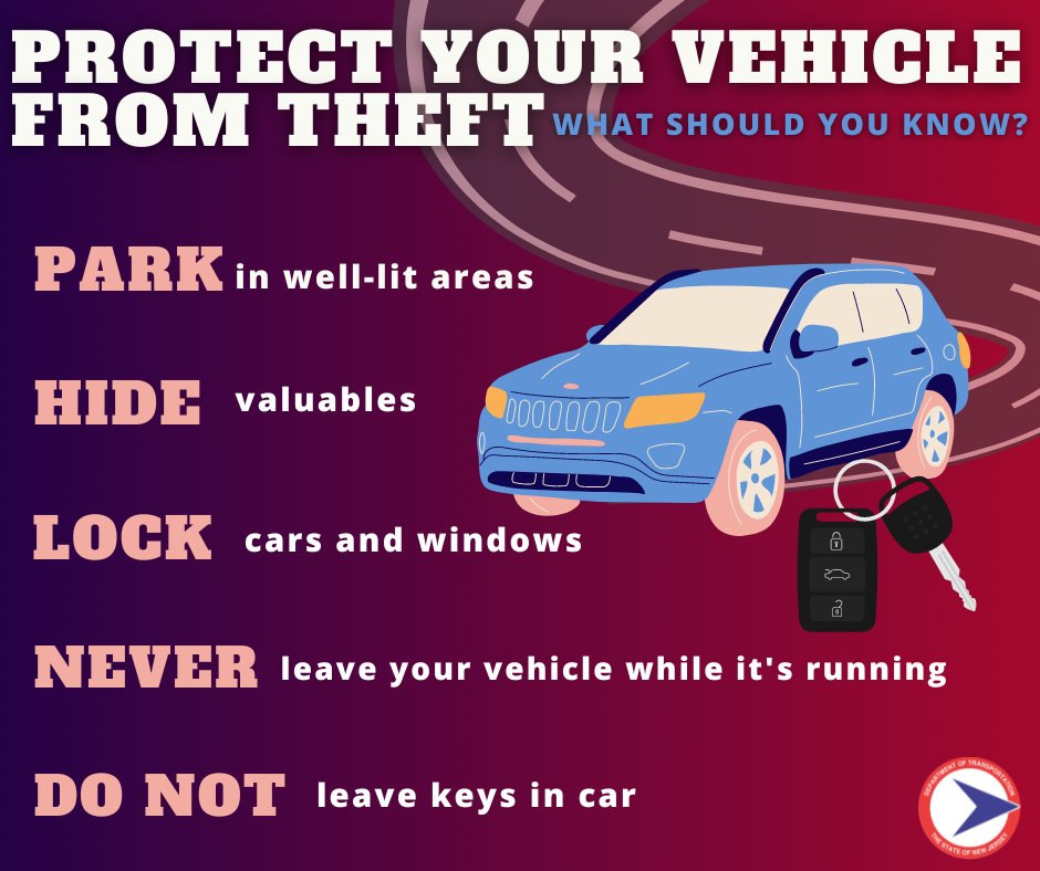 NewJerseyDOT's tweet image. Don’t think it can’t happen to you. There were more than 1,000,000 vehicles stolen in 2022😲. Protect yourself and your ride. #VehicleTheft