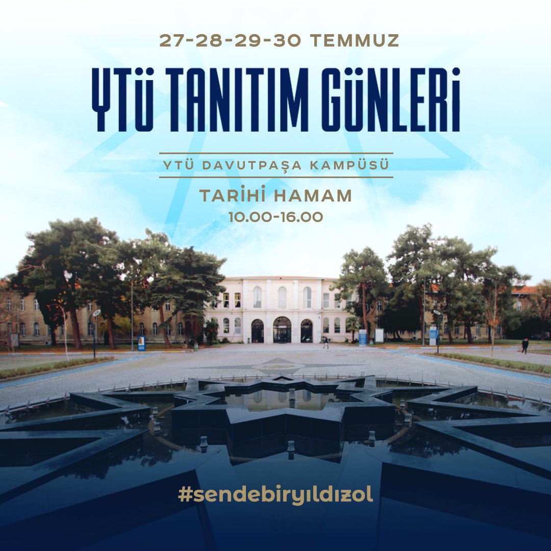 YildizEdu's tweet photo. YTÜ hakkında tüm merak ettiklerini öğrenmen ve 112 yıllık araştırma ve inovasyon kültürümüzü yakından tanıman için seni Tanıtım Günleri'ne bekliyoruz!🤩

Yeşil kampüsümüzün tadını çıkarmayı unutma...🌿🌼

🗓 27-30 Temmuz
🕙 10.00-16.00
📍 Tarihi Hamam

#SendeBirYıldızOl https://t.co/penmL1VITh