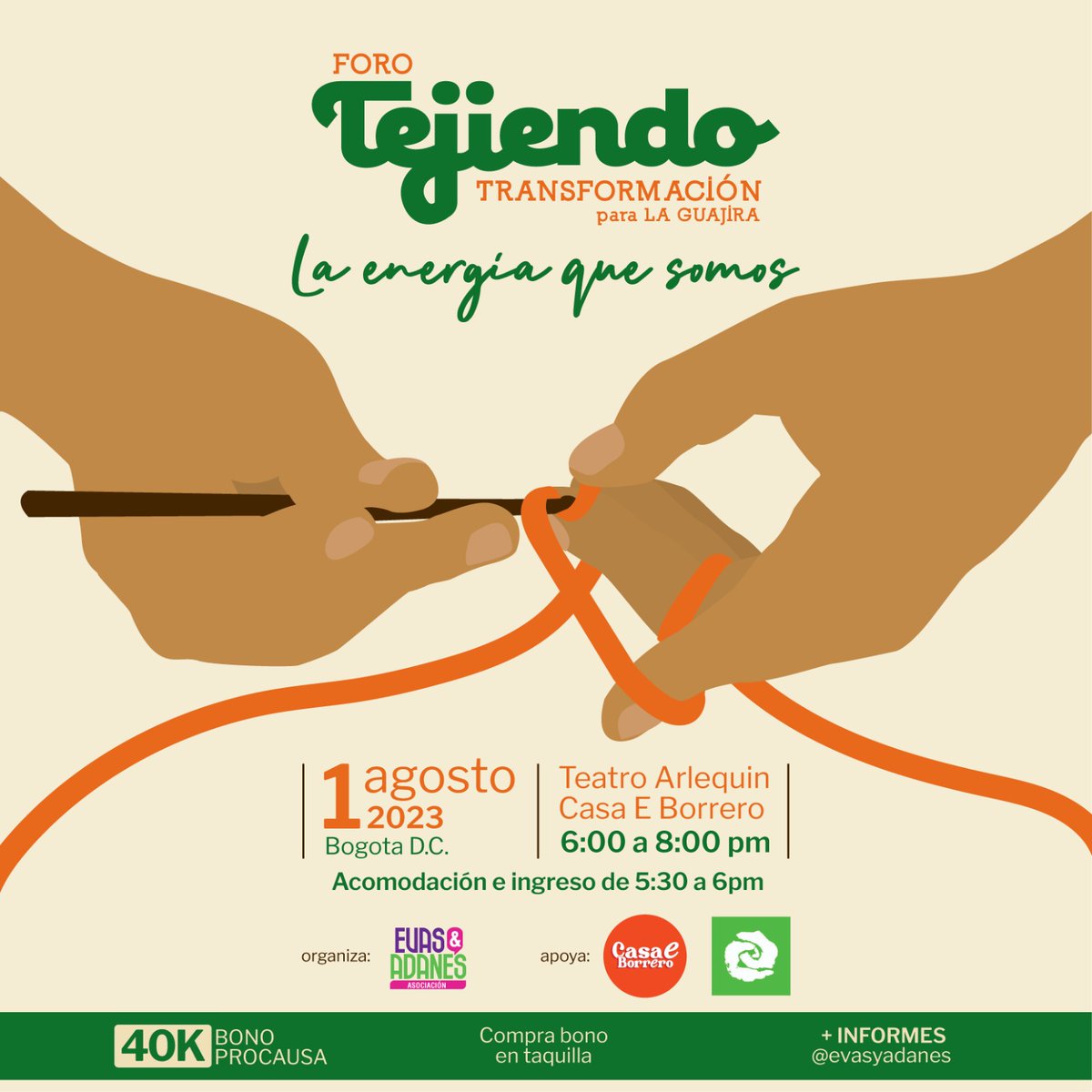 Gente  en #Bogota 
Les cuento que mi amada Guajira llega con su encanto a la capital 
No se pierdan esto!
1 de agosto <a href="/casaeborrero/">Casa E Borrero</a>  6pm
Adquieran bono procausa en <a href="/atrapaloCOL/">Atrápalo Colombia</a> es un valor simbólico,  menos que una hamburguesa con salsas dañinas
<a href="/EcastilloVa/">Elizabeth Castillo V.</a> <a href="/lcolmenaresr/">✏️LUIS COLMENARES R.</a>