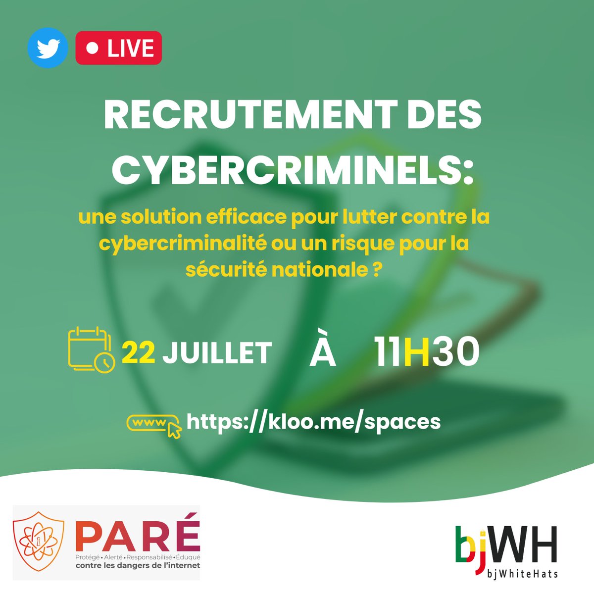 LSemassa's tweet photo. Space Twitter organisé par bjWhitehats et PARE autour du thème « Recrutement des cybercriminels : une solution efficace pour lutter contre la cybercriminalité ou un risque pour la sécurité nationale ?*»

Samedi 22 juillet 2023 à 11h30  : https://t.co/ECgyopDu3l https://t.co/z4Bym9Dh6N