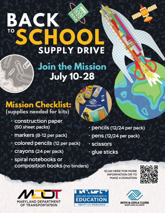 ✏️ Participate in the #BackToSchool #schoolsupply drive until July 28. Drop-off locations in #PGCD1 area are: MVA-#Beltsville Branch & MDOT State Highway Administration (SHA) Office in #Laurel. For a full list of locations & more info visit: bit.ly/3Q19WtM