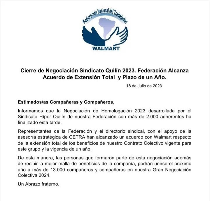 Federación Walmart (@fedwalmart) on Twitter photo Dirigentes de la Federación y de la Directiva Sindical de Quilín, acordaron con Walmart la extensión total inmediata de nuestro Contrato Colectivo vigente a 2.000 trabajadores. Además, en 2024 se ampliará a 13 mil socias y socios de nuestra Federación.
<a href="/Cutchile/">CUT Chile ✍️🗳</a>
<a href="/Cetra_Trabajo/">Centro de Estudios del Trabajo</a> Dirigentes de la Federación y de la Directiva Sindical de Quilín, acordaron con Walmart la extensión total inmediata de nuestro Contrato Colectivo vigente a 2.000 trabajadores. Además, en 2024 se ampliará a 13 mil socias y socios de nuestra Federación.
<a href="/Cutchile/">CUT Chile ✍️🗳</a>
<a href="/Cetra_Trabajo/">Centro de Estudios del Trabajo</a>