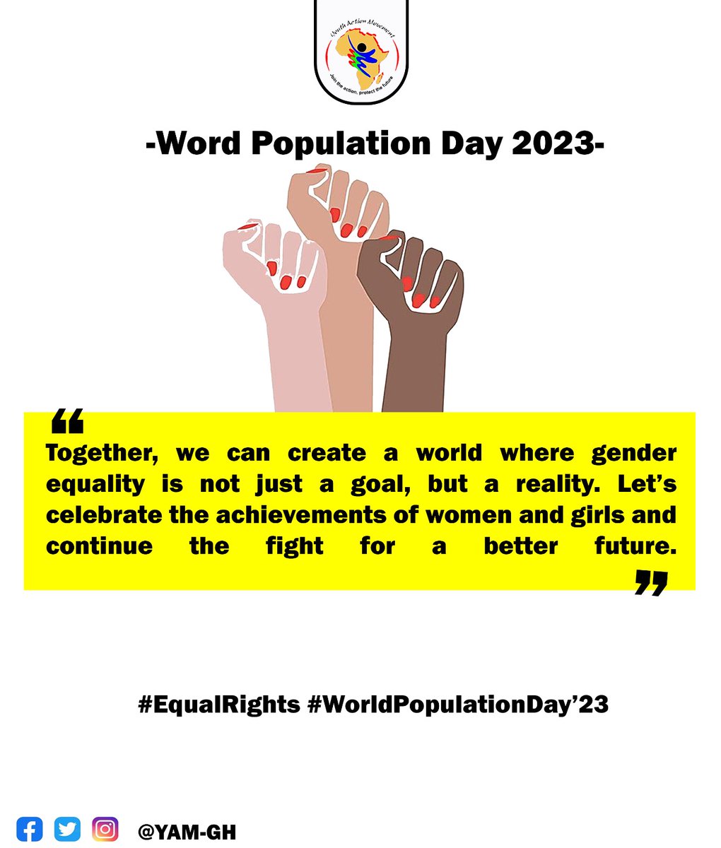 YAMghana's tweet photo. Together, we can create a world where gender equality is not just a goal, but a reality. Let’s celebrate the achievements of women and girls and continue the fight for a better future.
#BreakBarriers #WorldPopulationDay2023 #Demographicdevident @MoGCSP_Ghana @UNFPA https://t.co/4XDq0xKDFA