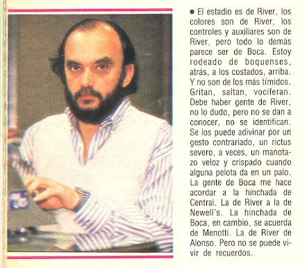 CabezaDeBoca's tweet photo. Imposible olvidar cuando El Gráfico mandó a Roberto Fontanarrosa a cubrir el superclásico de la temporada 88/89 al MonumentaI y lo sentaron en el medio de la platea BeIgrano. https://t.co/HyM7OcHk6h