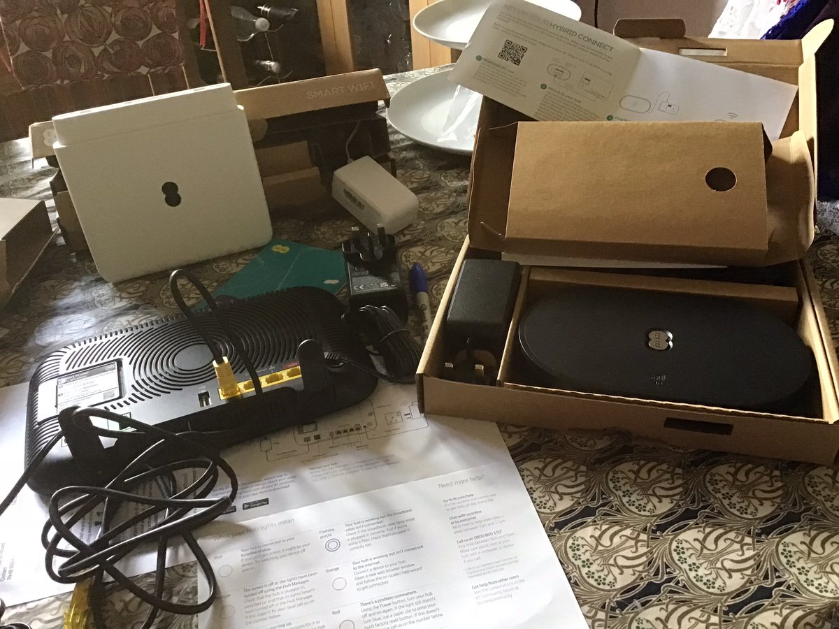 It’s simple says the nice lady from BT . We  will send out the up to date equipment . This just plugs into this and you just plug this in and things will be a lot better ! So I have a new router , no trouble , a Hybrid Connect and a smart WiFi … simple no bother !