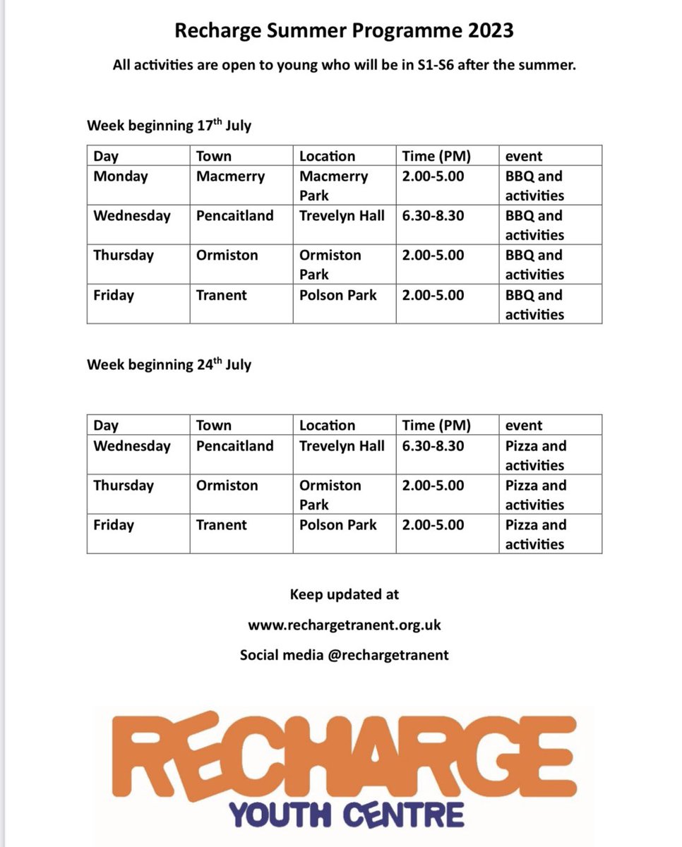 Just a reminder that our summer programme continues tonight in Pencaitland with a bbq and activities, then we are at Ormiston tomorrow afternoon and Tranent on Friday.