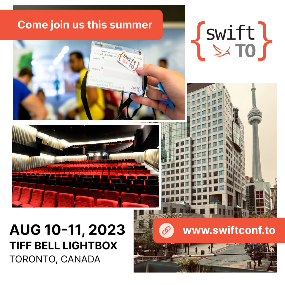 Join us for 2 days of talks from an awesome set of speakers. Deepen your knowledge and passion for Swift and celebrate with us at the home of the Toronto International Film Festival in a comfy theatre with iconic CN Tower views from the party patio. 

buff.ly/3MByxUh