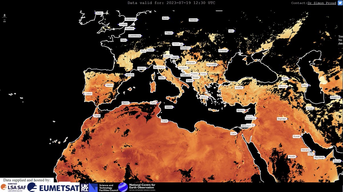 With heatwaves around the world, there's been lots of talk about measuring temperature from space. We can't get air temp, but we can get land surface temperature (LST). So, I created a webpage to show live LST from @eumetsat's #Meteosat: gws-access.jasmin.ac.uk/public/rsg_sha…