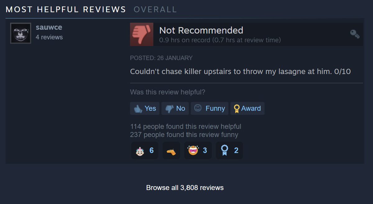 Please don't make negative Steam reviews for a gag! 

Negative reviews actively impact game visibility and sales in more drastic ways than you might think. This one referencing an in-game event is the #1 "most helpful" rated review because fellow players found it funny.