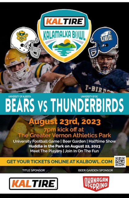 Kal Bowl 2023 is Coming!!
University of British Columbia vs University of Alberta
August 23, 2023
Greater Vernon Athletics Park
Vernon, BC
Tickets on sale now!  
kalbowl.com
