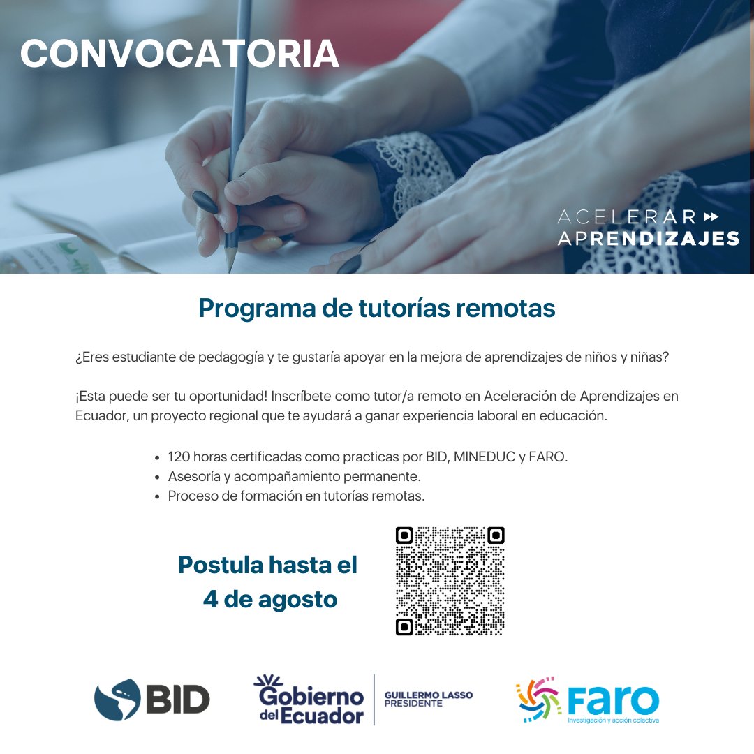 #Convocatoria| Abrimos la convocatoria para estudiantes de pedagogía interesados en formar parte como tutor(a) remoto del programa Aceleración de Aprendizajes en la región. Postula hasta el 4 de agosto, escanea el código QR, o accede al siguiente enlace: mtr.cool/jogaimhzrz