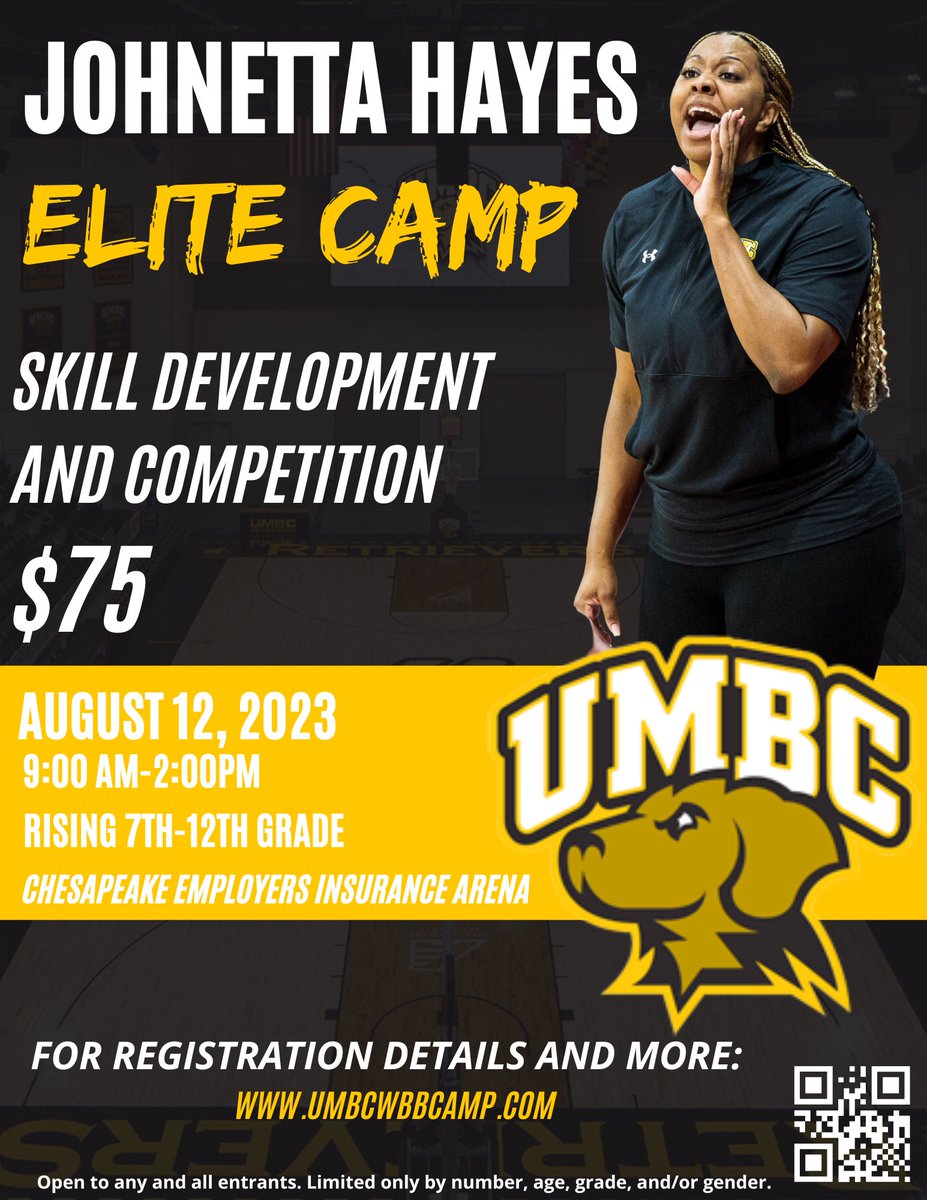 UMBC Women’s Basketball (@umbcwbb) on Twitter photo 🚨We are excited to host our Johnetta Hayes Elite Camp! Come join us at THE PEAKE!
Registration is LIVE through the QR code and at the link below! umbcwbbcamp.com
Let’s Get It!
For all camp questions, contact Coach Forte at lforte@umbc.edu
#DOTHEWORK 🚨We are excited to host our Johnetta Hayes Elite Camp! Come join us at THE PEAKE!
Registration is LIVE through the QR code and at the link below! umbcwbbcamp.com
Let’s Get It!
For all camp questions, contact Coach Forte at lforte@umbc.edu
#DOTHEWORK