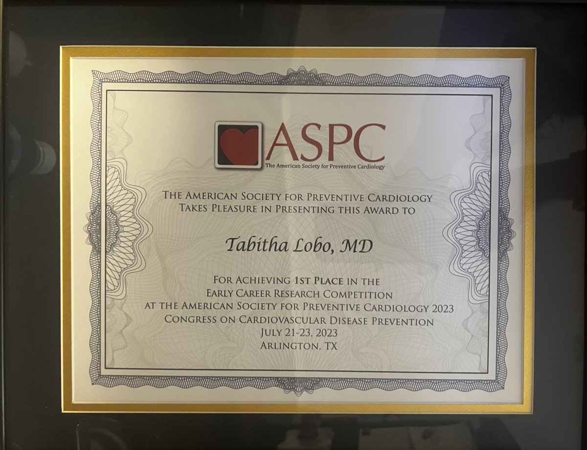 Glad to have attended #ASPC2023- it was well-organized, fun &amp; educational, with topics that were current, applicable &amp; relevant to the world of preventive cardiology.
Honored to have received first place in the early career research competition! Thanks to <a href="/ASPCardio/">ASPC</a> &amp; my mentors.
