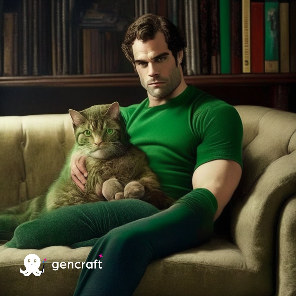farmer_beth27's tweet photo. I told AI to render a photo of Henry Cavill on a green couch in a library holding a tabby cat… this is what I got in my 4 attempts. How’d I do?

 #HenryCavill #tabbycat @gencraft4U #AIArtwork https://t.co/ciLGZzWfgh
