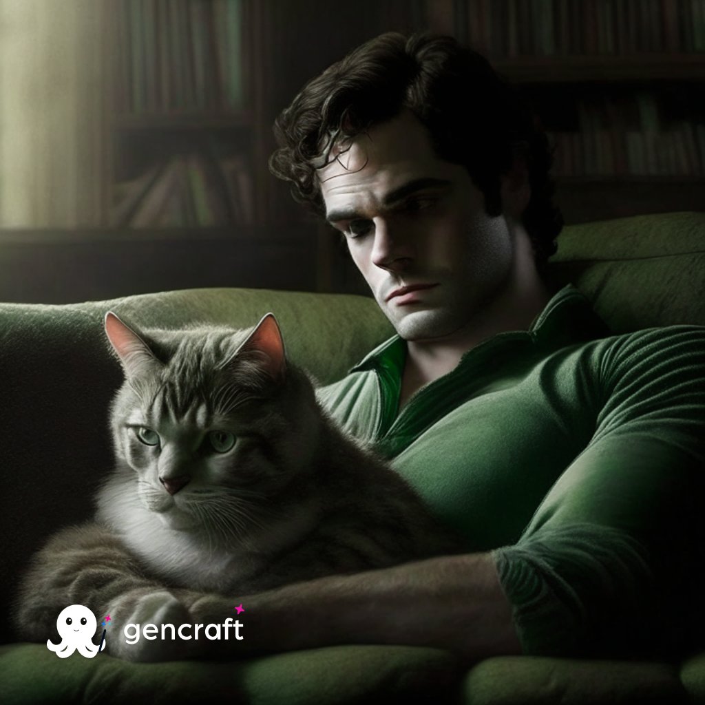 farmer_beth27's tweet photo. I told AI to render a photo of Henry Cavill on a green couch in a library holding a tabby cat… this is what I got in my 4 attempts. How’d I do?

 #HenryCavill #tabbycat @gencraft4U #AIArtwork https://t.co/ciLGZzWfgh