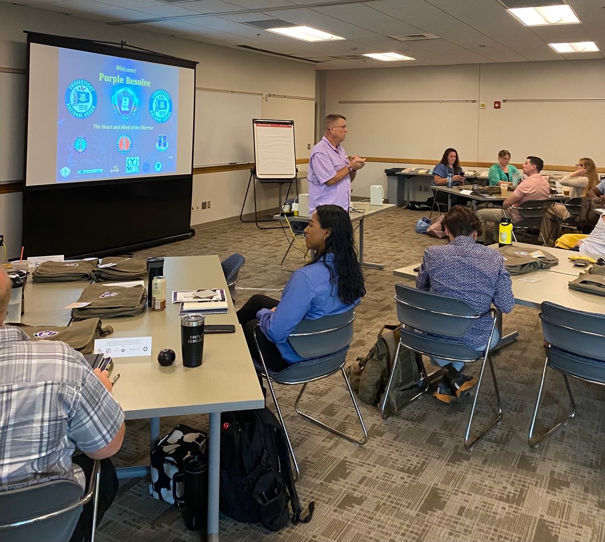 bluecourage's tweet photo. Today Dan &amp; George begin Day-1 of the the Purple Resolve TTT for the Connecticut National Guard sponsored by PTSD Now! LTC Ty Gorman kicking off the day with inspiration! #purpleresolve #CTNG #PTSDNow #leadership #Resilience #bluecourage https://t.co/rDZf00b6qo