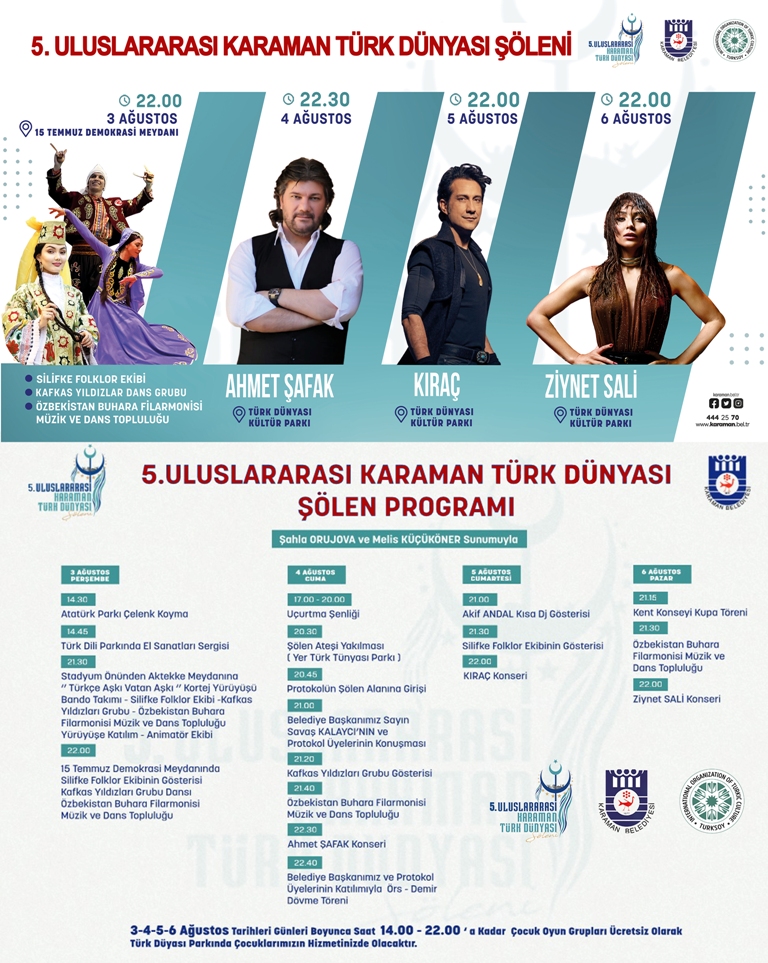 3-6 Ağustos tarihlerinde gerçekleştireceğimiz 5. Uluslararası #KaramanTürkDünyasıŞöleni başlıyor. Türk dünyasından topluluklar ve değerli sanatçıların konserleri ile renk katacağı şölende, çocuklarımız için birçok etkinlik ile oyun alanı da olacak. Tüm hemşehrilerimiz davetlidir.