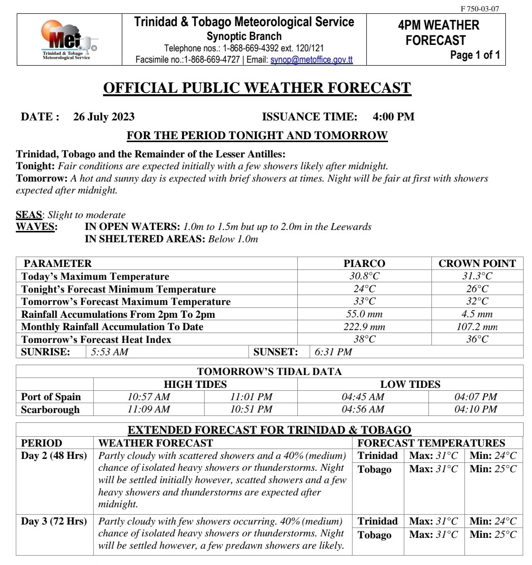 TTMetOffice's tweet photo. Here is the latest 3-Day Weather Forecast:
https://t.co/C6Y3T9XvHs
#tmetservice #ttmetoffice
#TrinidadandTobago #BeWeatherAware
#KnowYourWeather #KnowYourRisk https://t.co/sBH713UKqr