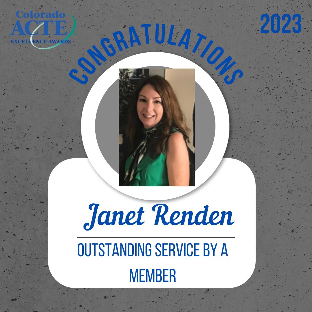 ColoradoACTE's tweet image. Congratulations to Janet Renden, CACTE’s Outstanding Service by a Member award winner for #CACTE23! Janet is principal at Future Forward Bollman and an ardent #CareerTechEd supporter! @Adams12 🏆😊🎉