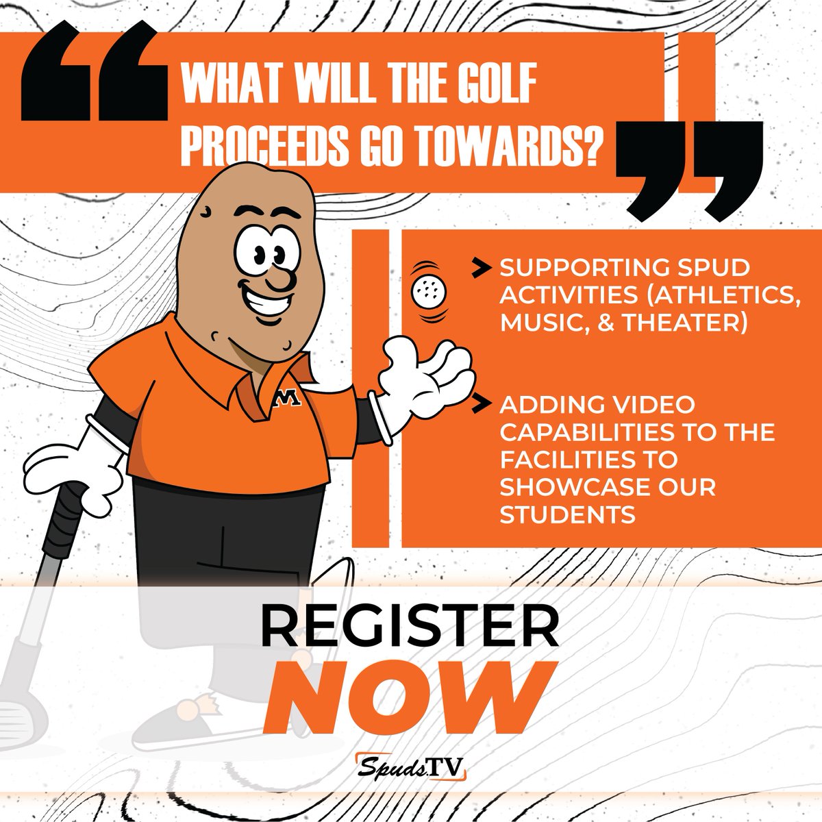 Spuds_TV's tweet photo. Join us for The Spuds Open Golf Event!

The proceeds will be put to good use, providing support to Spud activities and enhancing the facilities by adding video capabilities. This will enable us to proudly showcase our incredible students.

Register ---> https://t.co/4edluiruxc https://t.co/9Ad6q3uGQs