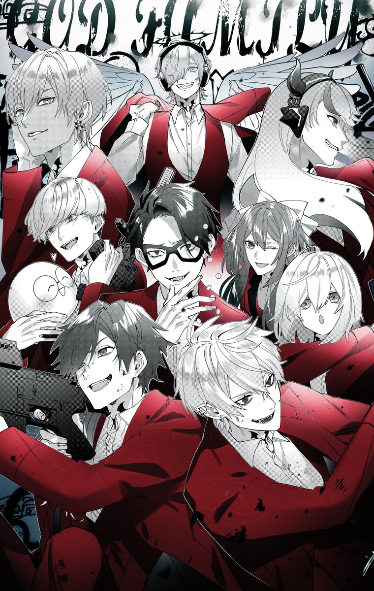 kuzuha (nijisanji) multiple boys smile gun weapon piercing holding glasses  illustration images