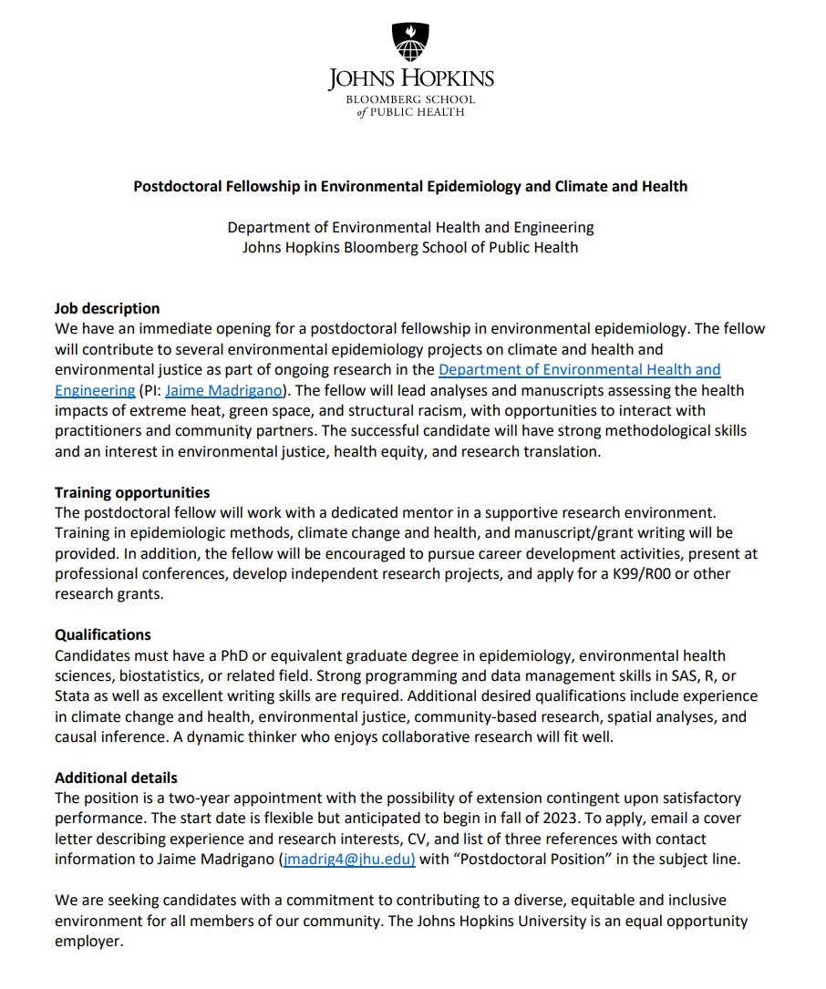 ISEE_job (@isee_job) on Twitter photo <a href="/JohnsHopkinsSPH/">Johns Hopkins Bloomberg School of Public Health</a> <a href="/JohnsHopkinsEHE/">JohnsHopkinsEHE</a> has an immediate opening for a postdoctoral fellowship in environmental epidemiology to work with <a href="/JMadrigano/">Jaime Madrigano</a>.
More details 👉 viethconsulting.com/classifieds/mo…
<a href="/ISEE_global/">ISEE Env Epi</a> @IseeSnrn #climatechange #environmentaljustic #epitwitter <a href="/JohnsHopkinsSPH/">Johns Hopkins Bloomberg School of Public Health</a> <a href="/JohnsHopkinsEHE/">JohnsHopkinsEHE</a> has an immediate opening for a postdoctoral fellowship in environmental epidemiology to work with <a href="/JMadrigano/">Jaime Madrigano</a>.
More details 👉 viethconsulting.com/classifieds/mo…
<a href="/ISEE_global/">ISEE Env Epi</a> @IseeSnrn #climatechange #environmentaljustic #epitwitter