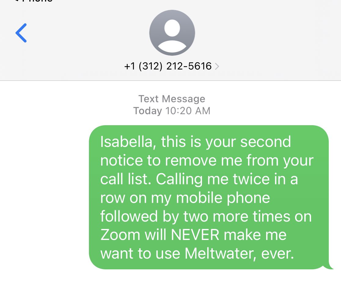 acoolong's tweet photo. Hey @Meltwater you need to re-examine your sales tactics. Your current ones won’t make me buy. They make me publicly shame sales reps who won’t take no for an answer. https://t.co/rnBAHKXk7V