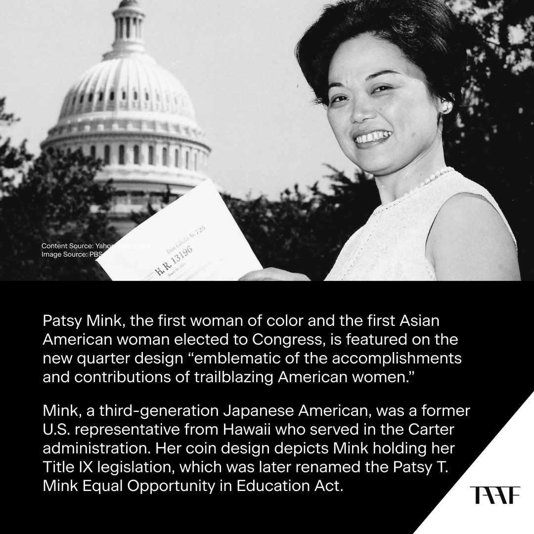 taaforg's tweet photo. A new quarter design featuring Patsy Mink, the first woman of color and the first Asian American woman elected to Congress, has been released. Mink represented Hawaii's congressional districts, fighting for gender and racial equality, affordable childcare & bilingual education. https://t.co/Md8sMbmr93