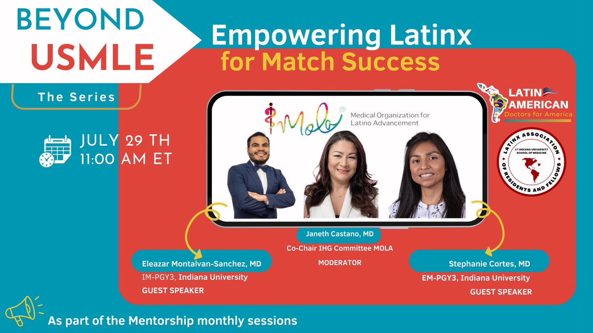 🔊 We’re thrilled to share this with you! 💎The founder of @AmericaDoctors @Montalvan214 and @Stephanie_C21 will be empowering Latinx for match success this July 29th 11:00 AM ET. Stay tuned 🔜 #REPRESENTATIONMATTERS #HealthEquity @chicagomola