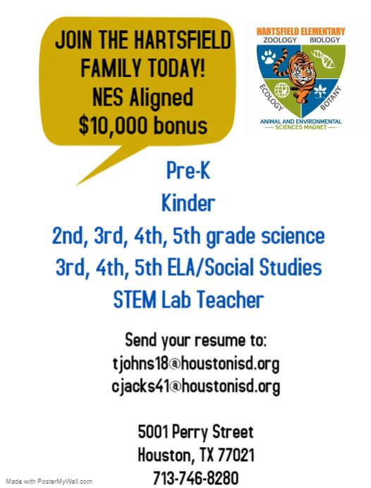 <a href="/HartsfieldAES/">Hartsfield AES</a> is looking for some outstanding educators to join the team! Meet us at the hiring event Friday, July 29 from 3:30-7:30 p.m. at Delmar Stadium <a href="/PrincipalTJohns/">Travis Johnson</a> <a href="/CshenalJ/">Cshenal Jackson, Ed.D.</a> <a href="/HoustonISD/">Houston ISD</a>