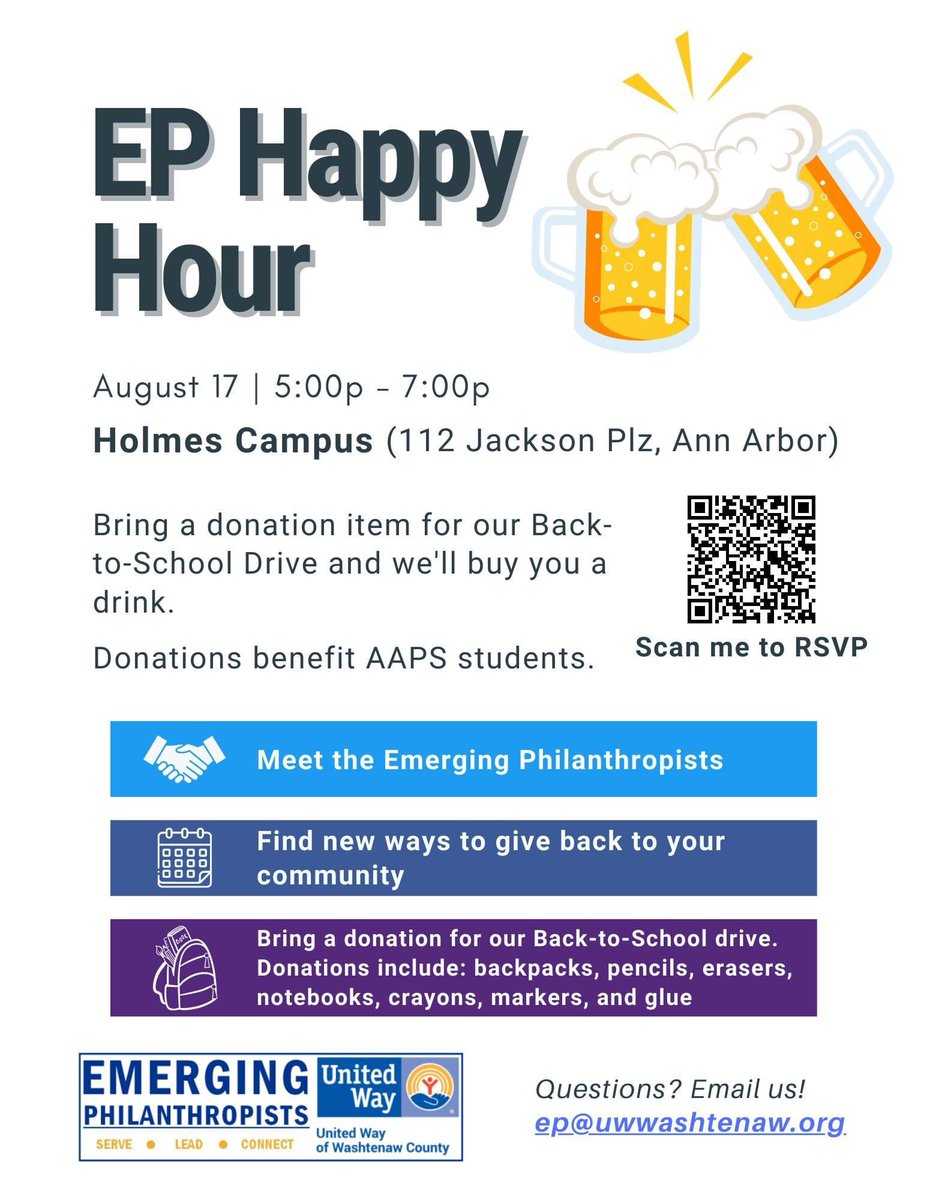 Join us for our EP Happy Hour on Thursday, August 17th at Homes Campus from 5pm to 7pm! 🙌

If you bring an item to donate to our Back-to-School Drive, we'll buy you your first drink! ✂️📔✏️

🗣Be sure to invite your friends and co-workers! 

RSVP here - bit.ly/452sA8R
